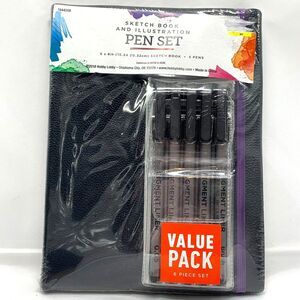 Sketch Book and Illustration Pen Set Black 6x8 5 Pens Pigment Liner